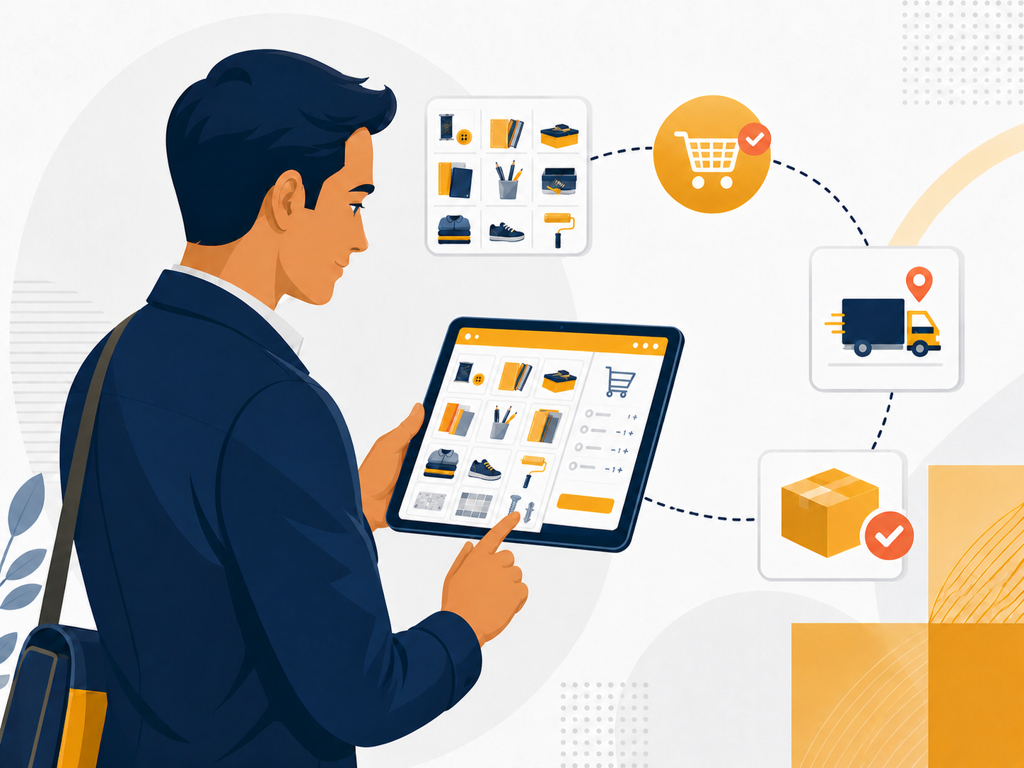 Ilustração de um vendedor registrando pedidos em um tablet com produtos de diferentes segmentos do varejo
